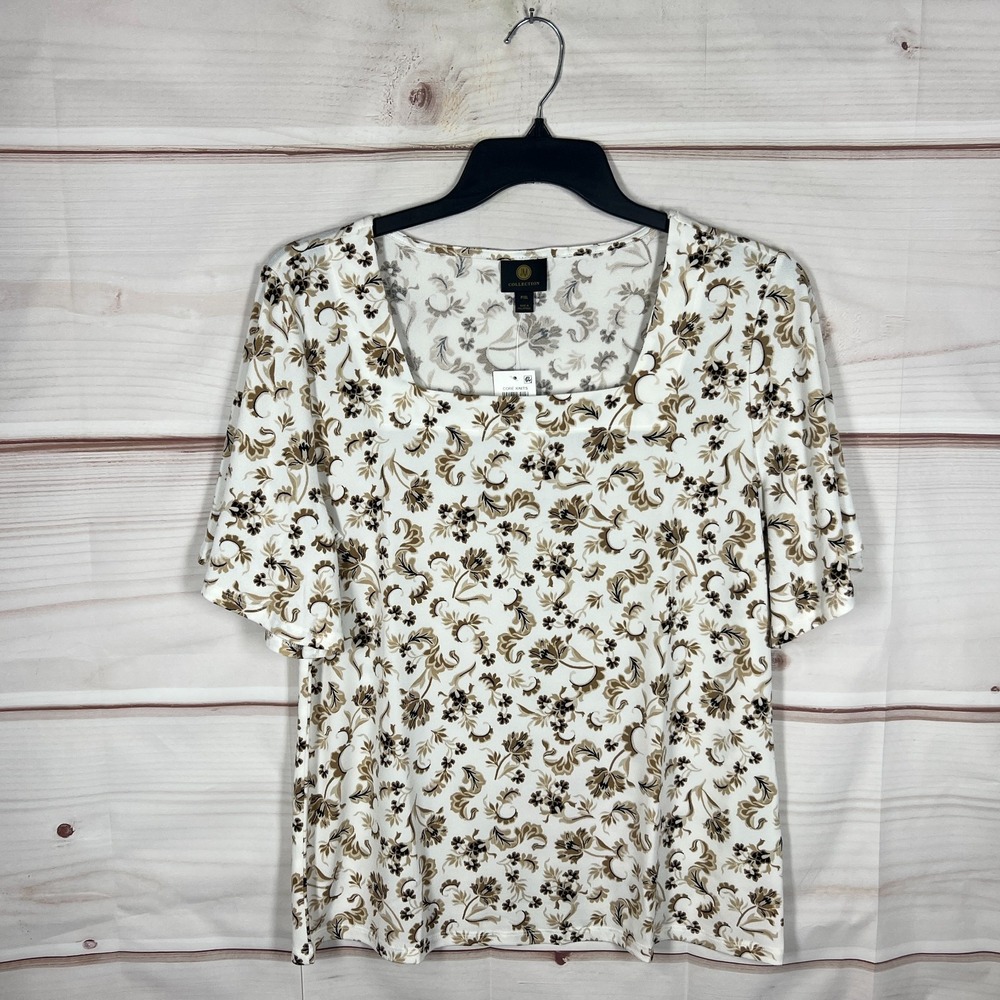JM Collection Top Womens PXL White Floral Knit Blouse Flutter Sleeve Square Neck